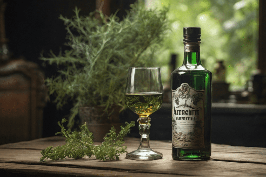 Eine Flasche Wermut Wein mit einem kleinen Glas auf einem Holztisch, daneben Artemisia absinthium Pflanzen