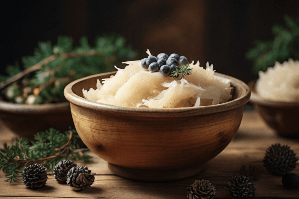 Eine Schale mit Sauerkohl mit einigen Wacholderbeeren darin auf einem Holztisch