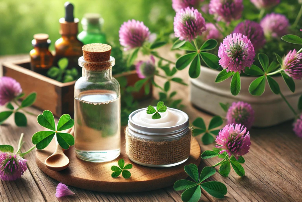 Eine Tinktur in einer Glasflasche, daneben eine DIY Salbe im Tiegel auf einem Holztisch und im Hintergrund Rotklee mit violetten Blüten