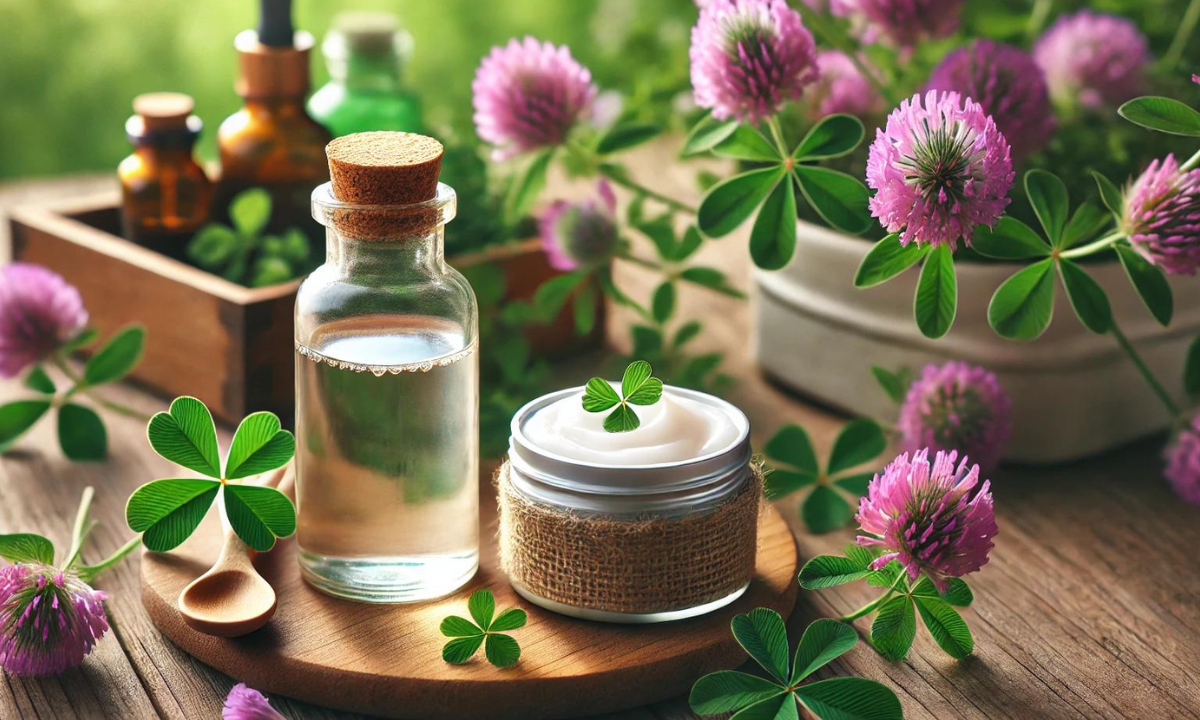 Eine Tinktur in einer Glasflasche, daneben eine DIY Salbe im Tiegel auf einem Holztisch und im Hintergrund Rotklee mit violetten Blüten