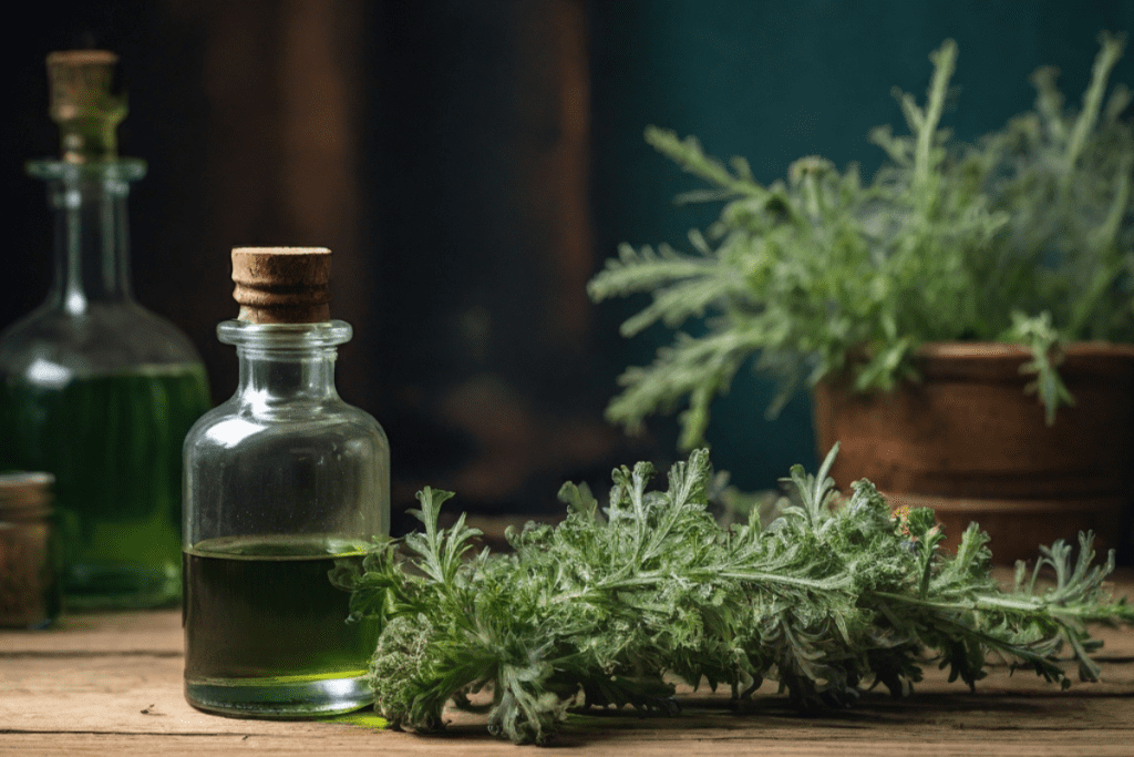 Eine Wermut Tinktur auf einem Holztisch, im Hintergrund Artemisia absinthium Pflanzen