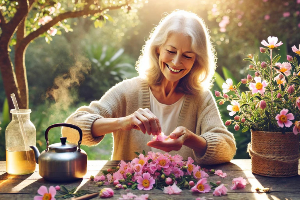 Eine ältere Dame bereitet einen Tee aus Zistrosenblüten zu