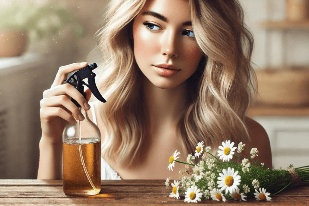 Eine europäische Frau mit blonden Highlights auf dunklem Haar hält eine Sprühflasche in der Hand, davor auf einem Tisch Apfelessig in einer Flasche und Kamillenblüten