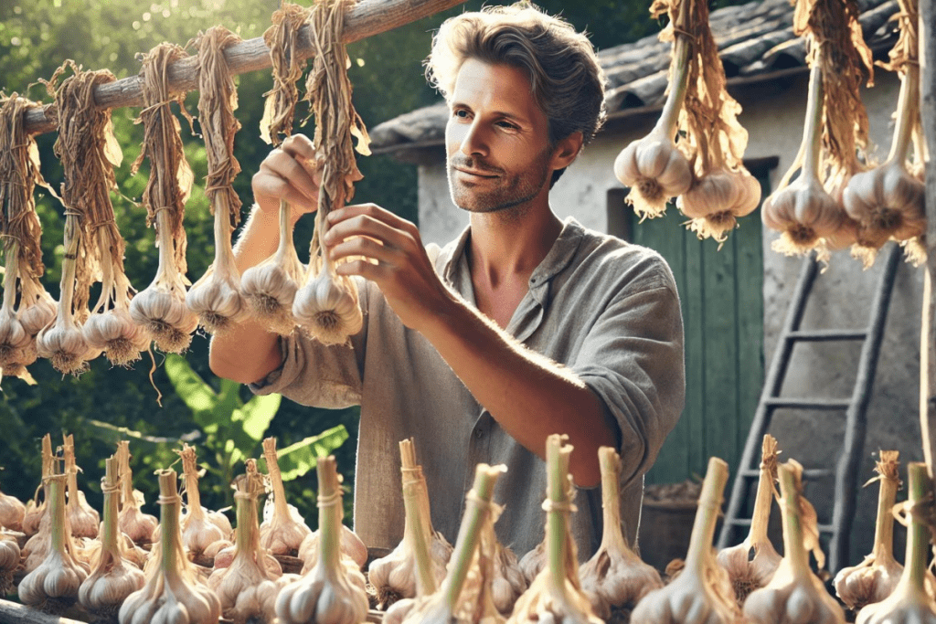 Ein europäischer Mann hängt frischen Knoblauch zum Trocknen auf