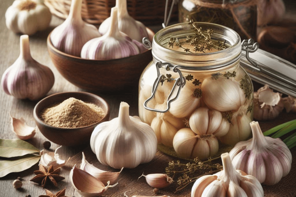 Frischer Knoblauch, daneben eingelegter Knoblauch mit Lorbeerblättern und Thymian sowie Knoblauchpulver in einer Schale auf einem Holztisch