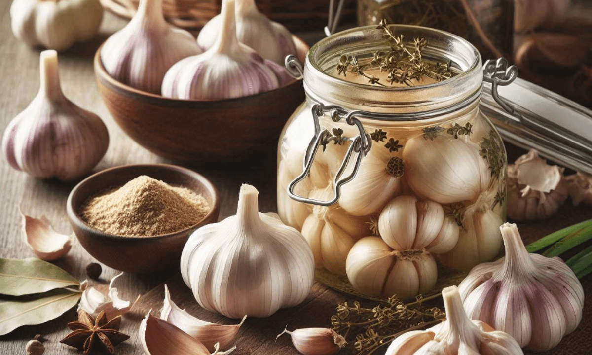 Frischer Knoblauch, daneben eingelegter Knoblauch mit Lorbeerblättern und Thymian sowie Knoblauchpulver in einer Schale auf einem Holztisch