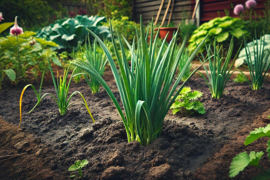 Knoblauchpflanzen in der Erde im Garten