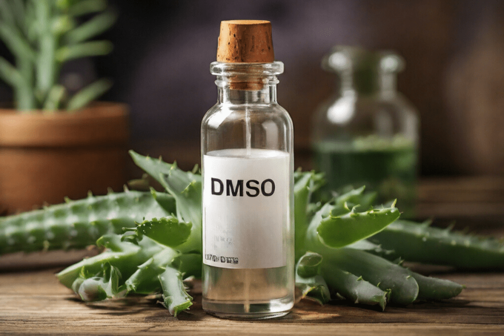 DMSO in einer Flache, daneben Aloe Vera und Heilkräuter auf einem Holztisch