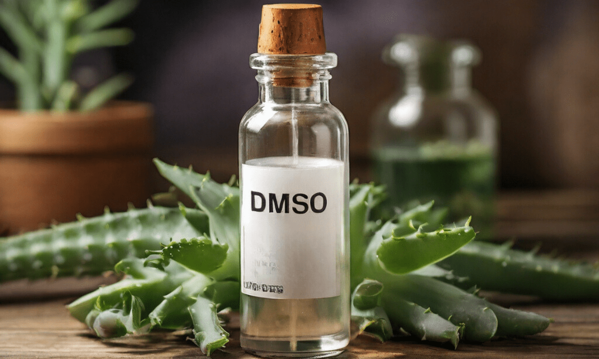 DMSO in einer Flache, daneben Aloe Vera und Heilkräuter auf einem Holztisch