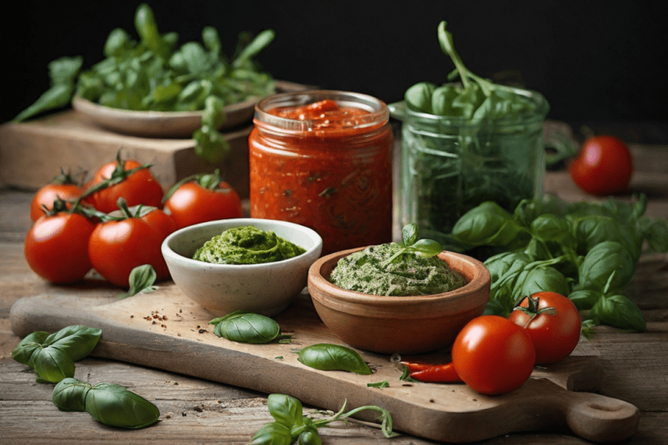 Pesto selber machen: Ein rotes Pesto und ein Pesto Genovese mit Tomate, Basilikum, Rucola, Petersilie und Chili auf einem Holztisch