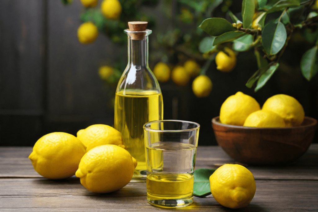 Zitronenöl und Zitronenwasser, daneben Zitronen auf einem Holztisch