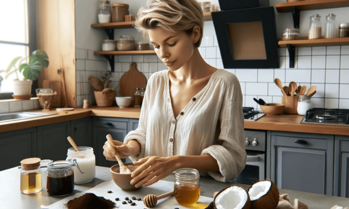 Eine Frau bereitet Kaffee für die Haut als Peeling zu