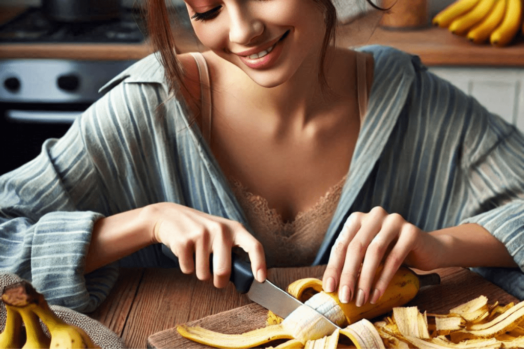 Eine Frau nutzt Bananenschale für die Haut