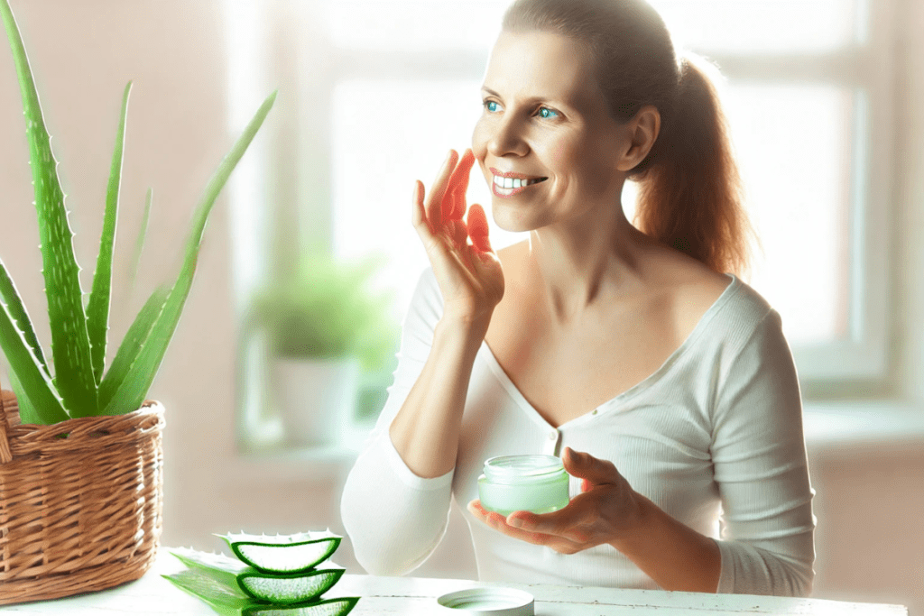 Frau nutzt ein DIY Aloe Vera Gel aus einer kleinen Dose als Gesichtspflege.