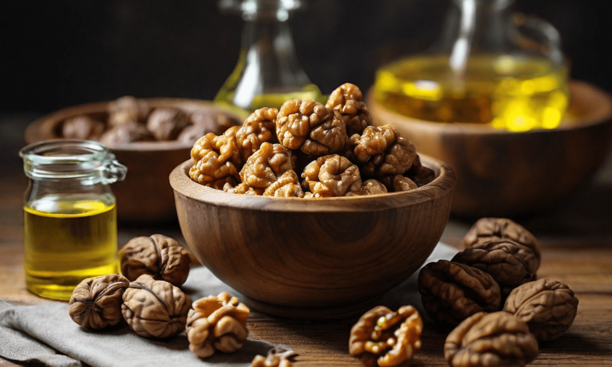 Kandierte Walnüsse gesund und lecker auf einem Holztisch