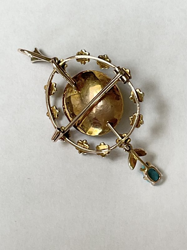 Edwardian 9ct Gold Turquoise & Pearl Brooch / Pendant - Image 2