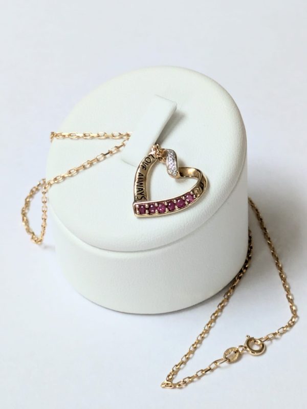 9ct Gold Ruby & Diamond Heart Shaped Pendant & Chain