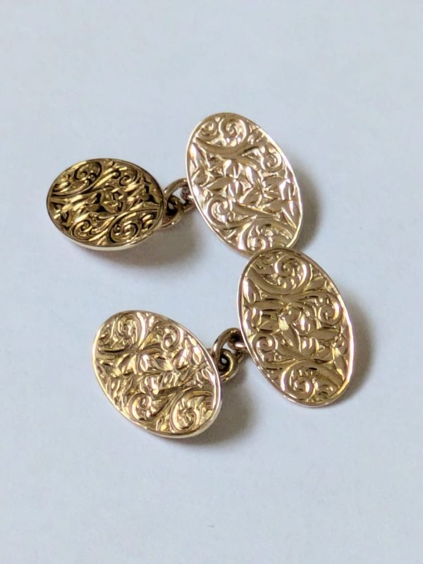 Vintage 9ct Gold Engraved Cufflinks - Image 2