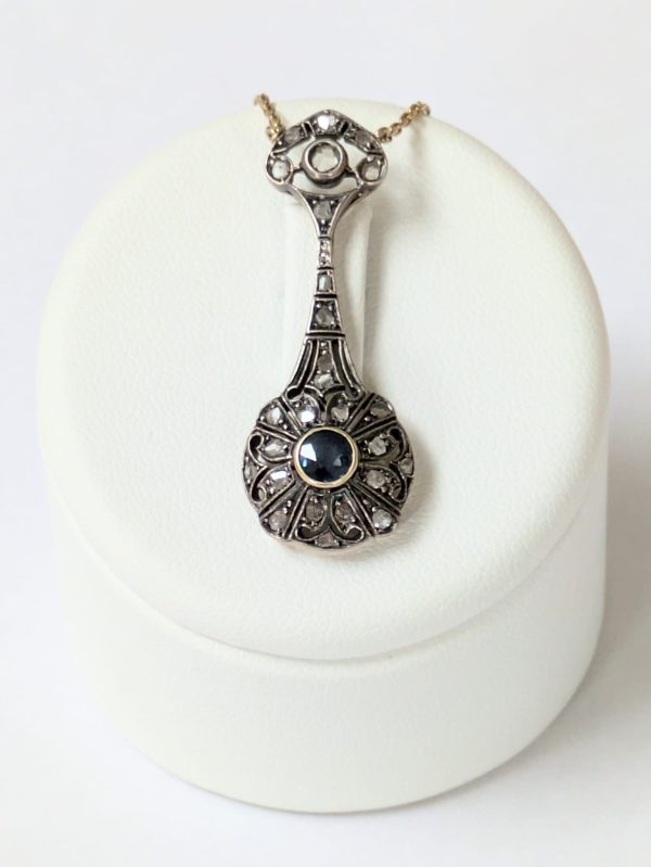 Edwardian 15ct & Silver Rose Cut Diamond & Sapphire Pendant - Image 2