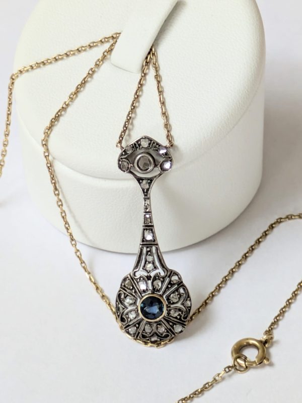 Edwardian 15ct & Silver Rose Cut Diamond & Sapphire Pendant