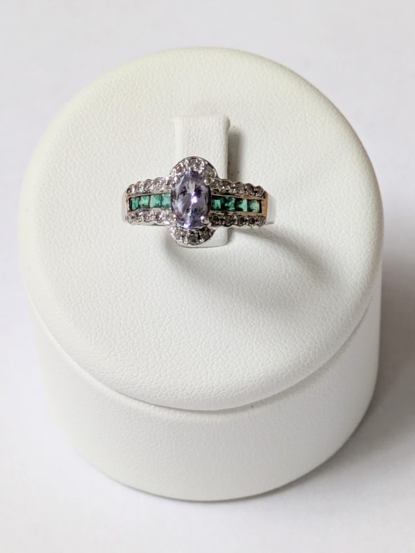 10k White Gold Emerald,Tanzanite & Diamond Ring - Image 2