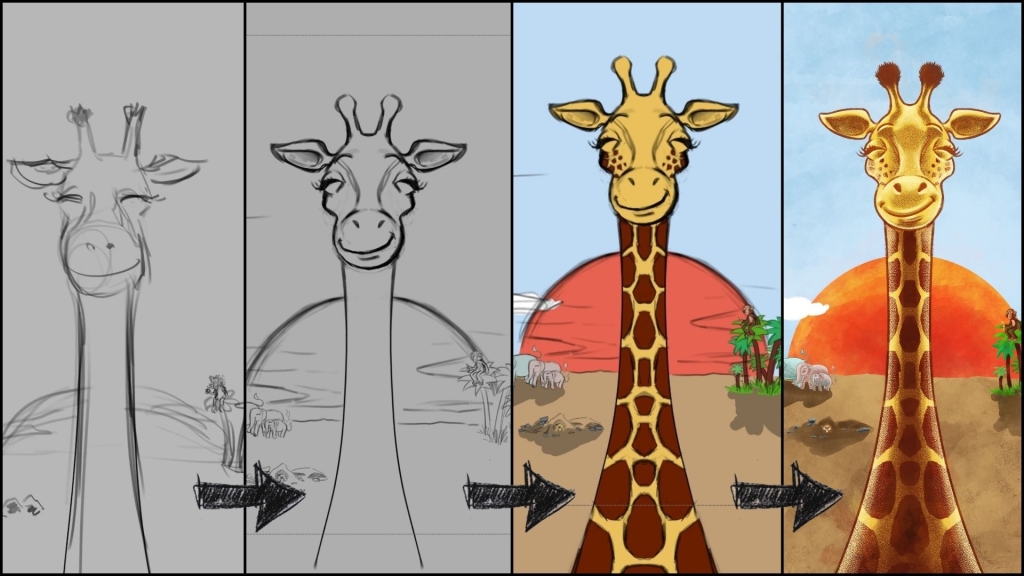 Kinderbuch Entstehung der Illustration von Gaia der Giraffe