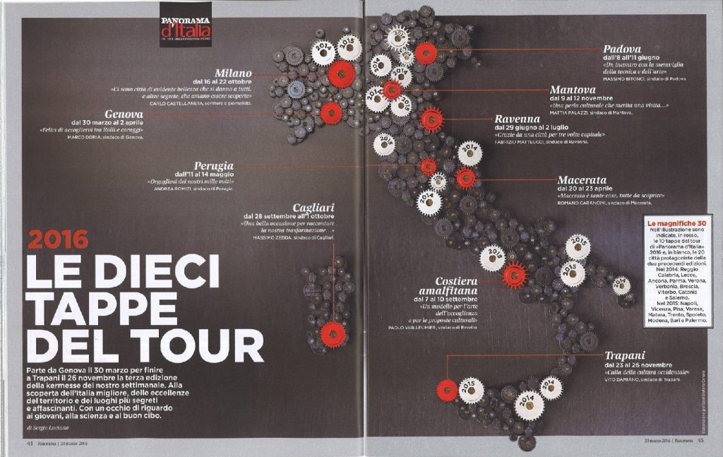Pagine della rivista Panorama con le tappe del Tour dal 2014. In rosso le 10 città coinvolte quest'anno.