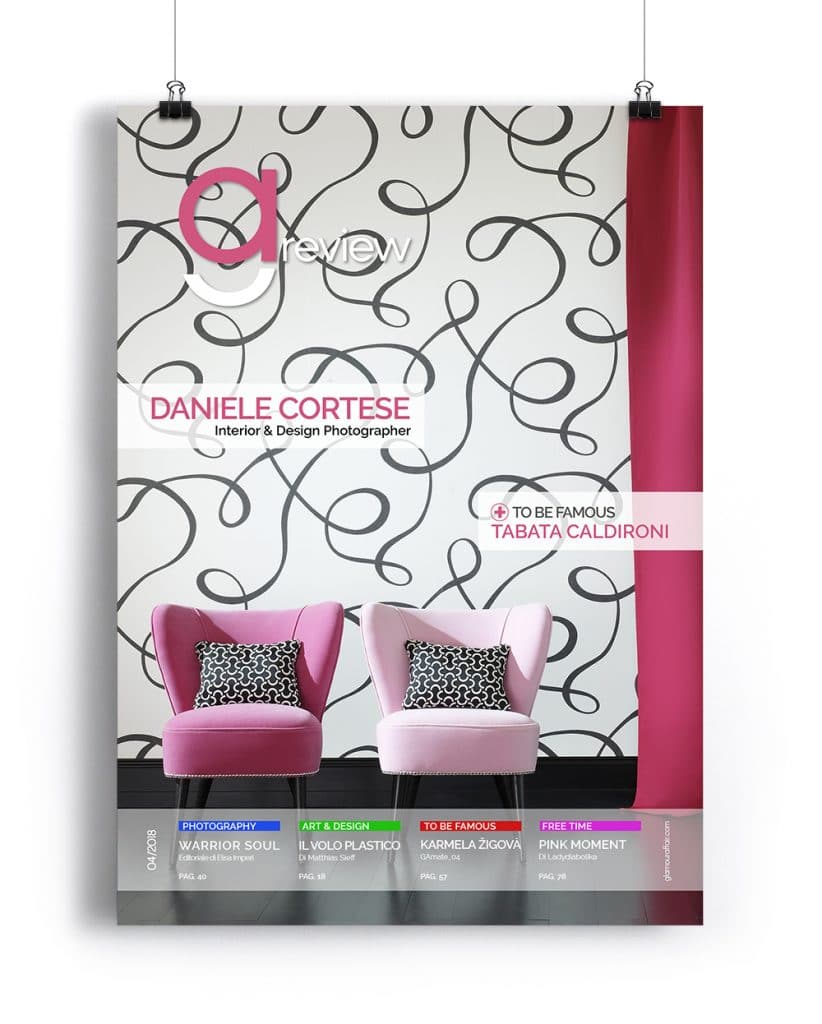 Copertina GAreview Aprile 2018, magazine fotografico di glamouraffair.com; in copertina una foto di Daniele Cortese, Interior & Design Photographer