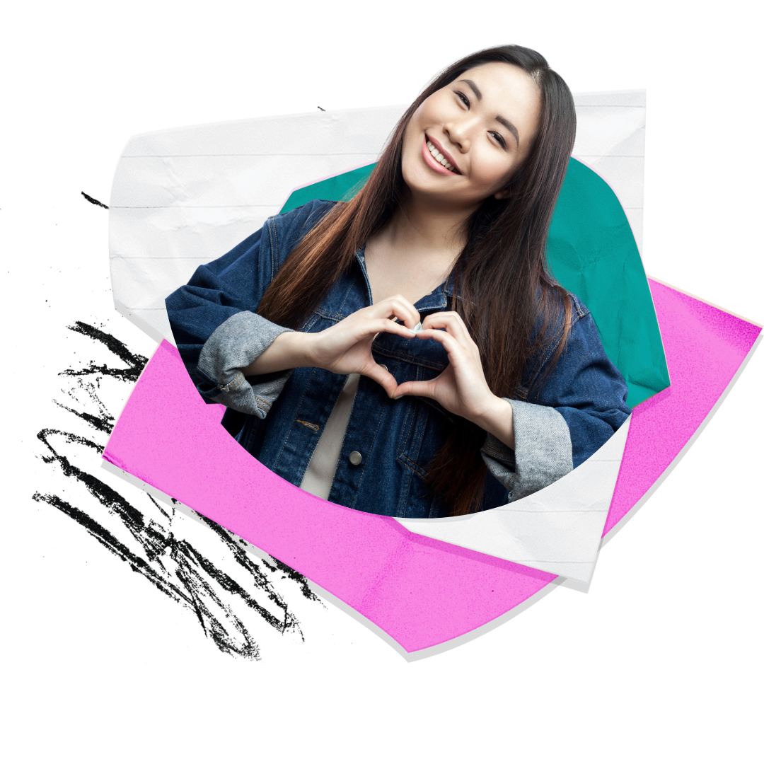 Portrait of happy beautiful brunette asian young woman in casual blue denim jacket with makeup standing with love heart gesture - Glasgow promise