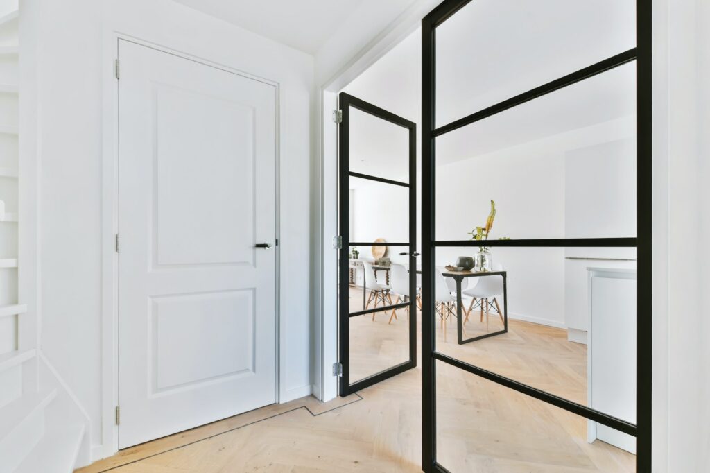 Stylish corridor with a large glass door