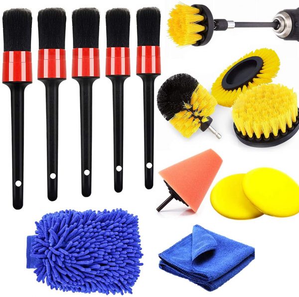 Auto Car Boars Hair Detailing Brushes and Drill Brush Attachment Kit, include Polishing Pad Car Drying Towel Wash Mitt Wax Applicator Pad for Cleaning Wheels Interior Exterior Leather Engine Air Vent