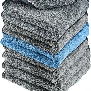 Towelogy® 680gsm Microfibre Car Cleaning Cloths Grey Blue Plush Thick Lint Free Auto Detailing Motorbike Washing, Buffing, Paint, Polishing Drying Towels 50x30cm (Pack Of 6)