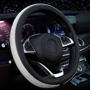 Universal Car Steering Wheel Cover Bling Bling Rhinestones Crystals Car Handcraft Steering Wheel Covers, 15'' Car Wheel Protector for Unisex(Black)