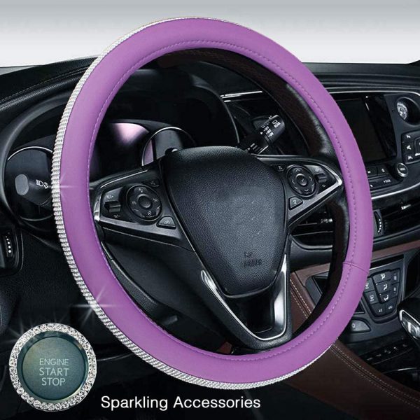 Crystal Steering Wheel Cover,GES Univeral Rhinestone Diamond Leather Steering Wheel Set 15" Female Anti-skid Wheel Steering Wheel Cover + Key Start Ring (Black)