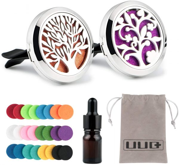 UUQ 2PCS Car Aromatherapy Essential Oil Diffuser Air Freshener Locket Car Vent Clip Durable Stainless Steel with 24 Felt Pads for Car Living Room Office (Include a Dropper Bottle)