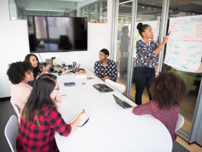 Five female students brainstorming in classroom