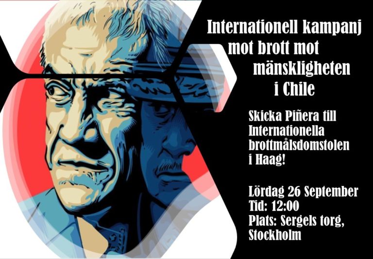 Internationell kampanj mot brott mot mänskligheten i Chile . Möte idag! Kom till Segels torg!