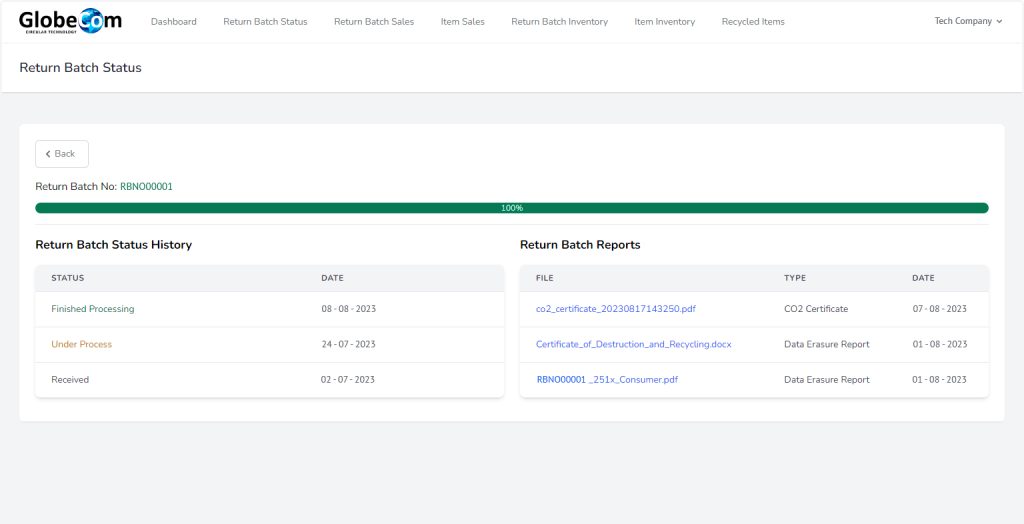 Extranet return batch status history