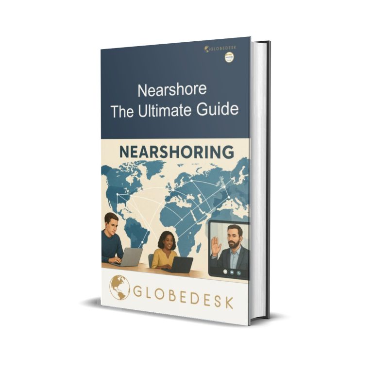 Cover of Globedesk’s Nearshore – The Ultimate Guide ebook showing global team collaboration map.