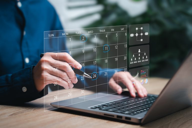 Professional managing digital calendar with workflow icons showing team coordination, project scheduling, and synchronized nearshore team alignment across time zones