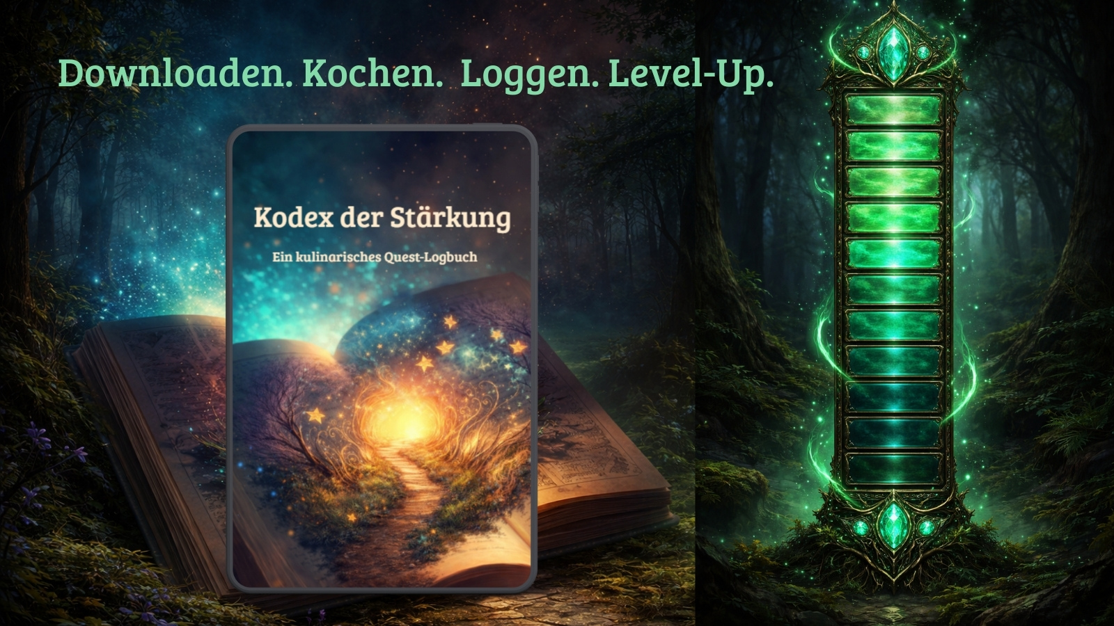 Kodex der Stärkung – Interaktives kulinarisches RPG-Logbuch mit Status-Säule für echte Helden.