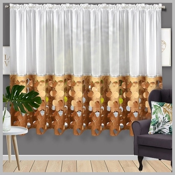 Glow Thuis- 4 meter breed wit vitrage met bruin decoratieontwerp)