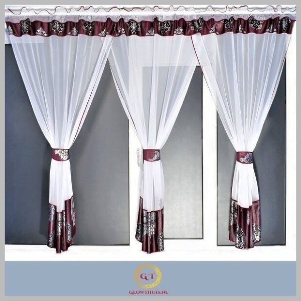 Glow Thuis - vitrage kant-en-klaar Mooi Bordo rood 3-delig ontwerp vitrage-180cm Hoog