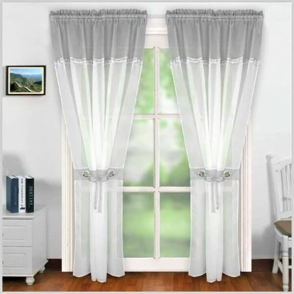 Glow Thuis - Vitrage Witte Grijs voile vitrage met zirkonia versiering , Kant en klaar vitrages