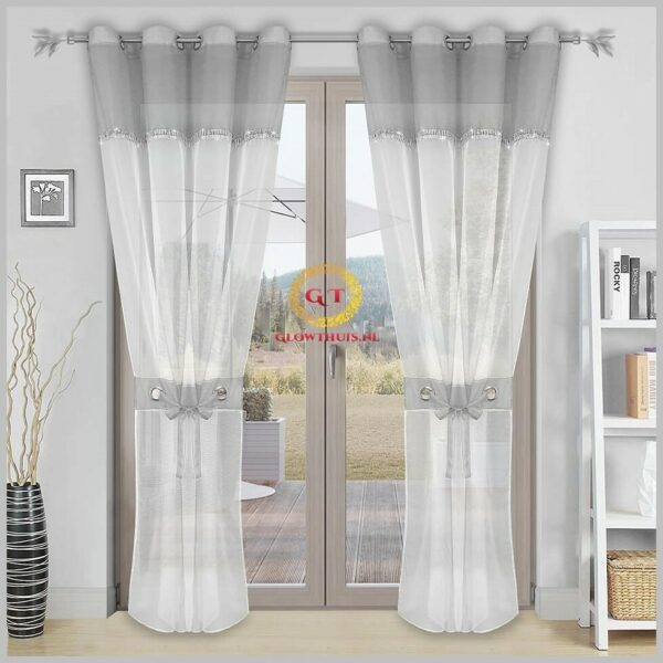 Glow Thuis - Vitrage Kant en klare witte Grijs voile vitrage met zirkonia versiering