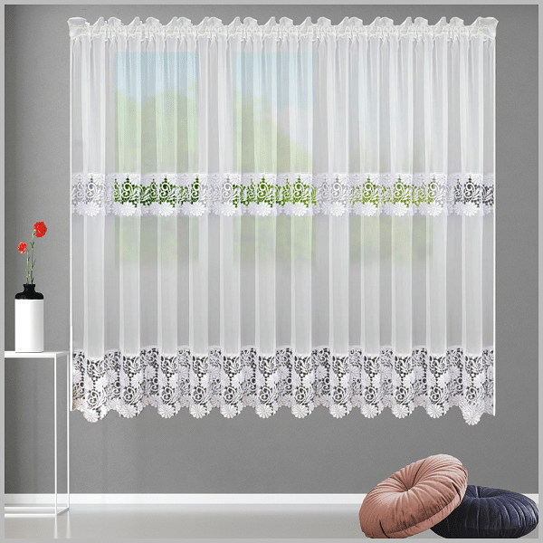 Glow Thuis - Elegante vitrage met blauwtint guipurekant . Kant en klare vitrage gordijn- wit - 180 x 400 cm)