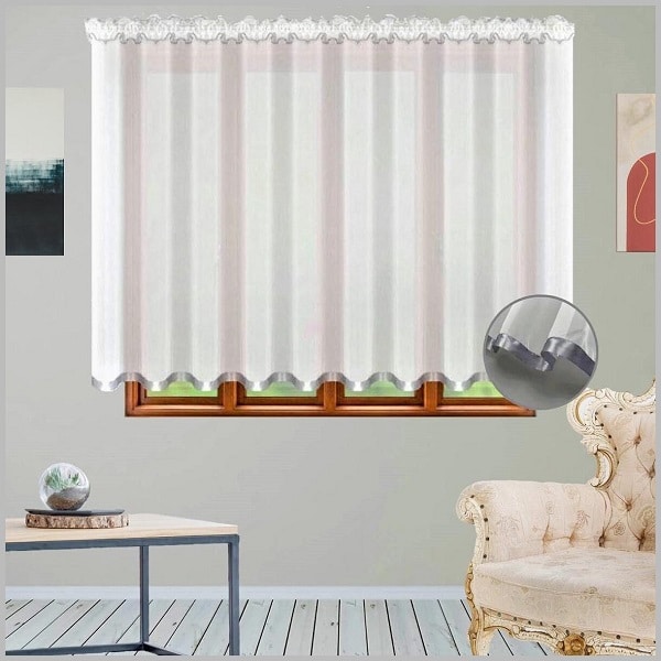Glow Thuis -  Vitrage ( net curtain ) van hoogwaardig voile-materiaal , kant en klaar vitrage Gordijn -Vitrage met grijs satijn Band -Wit