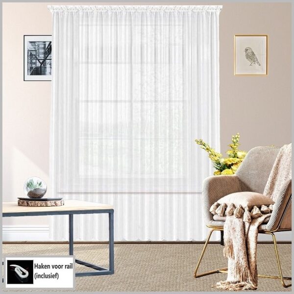 Glow Thuis -  Vitrage ( net curtain ) van hoogwaardig voile-materiaal - 400X265 cm kant en klaar vitrage Gordijn -Vitrage met Wit satijn Band )