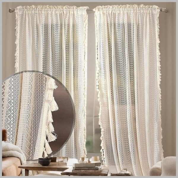 Beige gebreide vitrage met franjes, 145x250 cm, elegante bohemian stijl