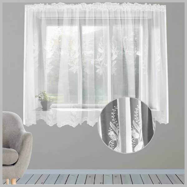 Witte voile vitrage met bloemmotief, 400x160 cm, kant-en-klaar met rimpelband en tunnel